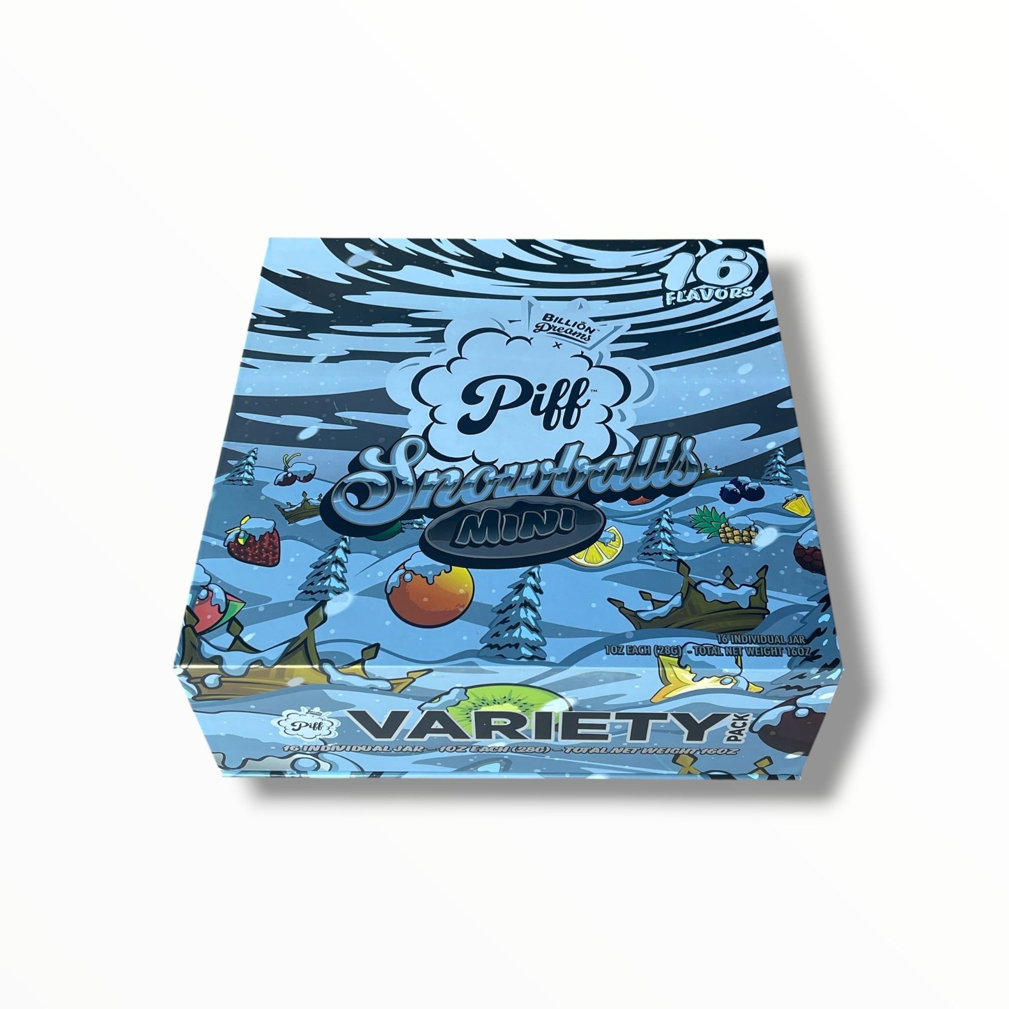Piff Snowballs Mini 16-1oz Plastic Jars - Varity Pack 16 Flavors