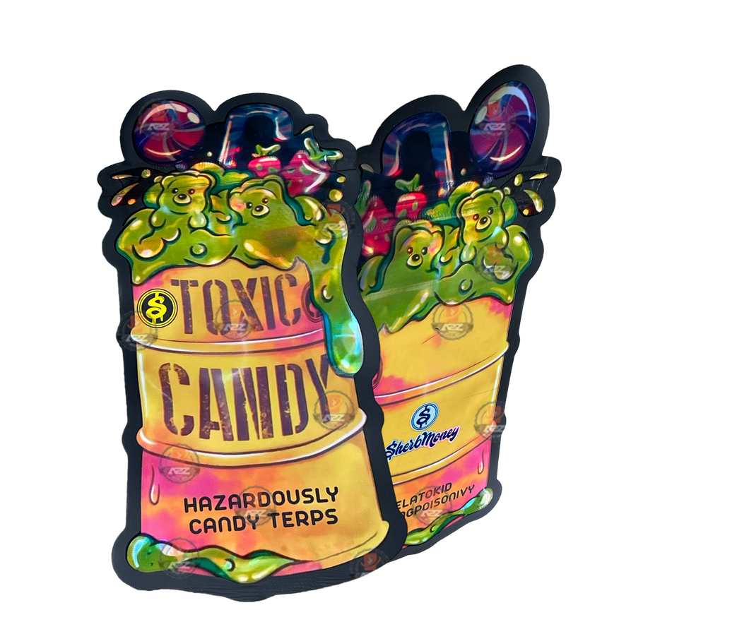 Toxic Candy Cut Out Mylar Bags 3.5g Die Cut Holographic Sherb Money