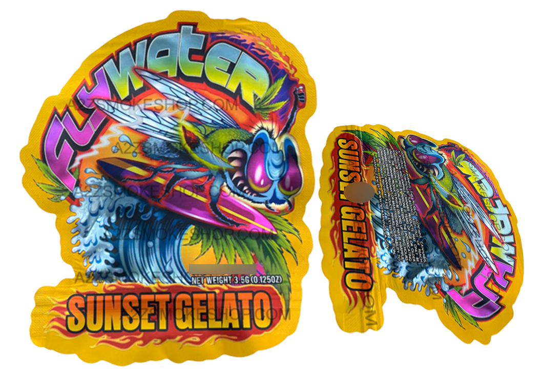 Fly Water Sunset Gelato Cut Out Mylar Bags 3.5g Die cut