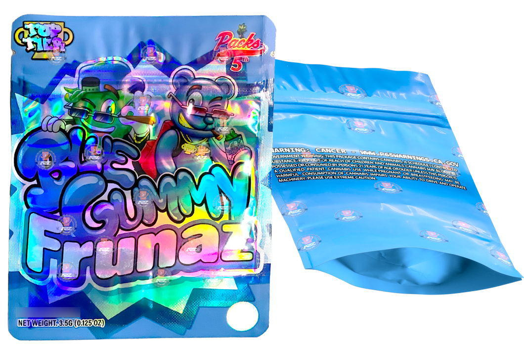 Blue Gummy Frunaz Mylar Bags 3.5g Holographic Empty Packaging