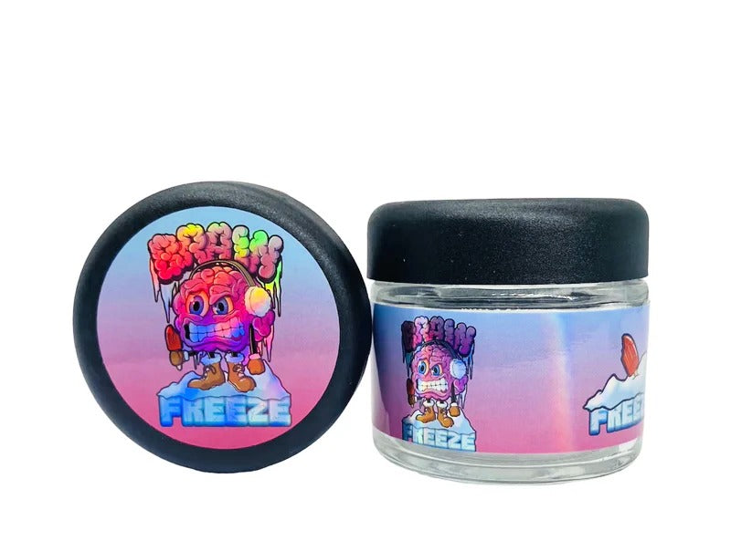 Brain Freeze 3.5g Glass Jars with Holographic Stickers Child Resistant jar