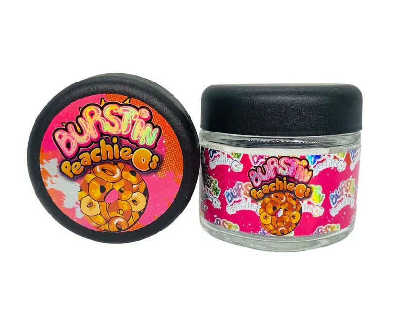 Burstin Peachios 3.5g Glass Jars with Holographic Stickers Child Resistant jar