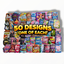 Load image into Gallery viewer, 50 Different Designs 3.5g Mylar Bags – One of Each Design – Assorted Smell Proof Foil Bags – Variety Pack
