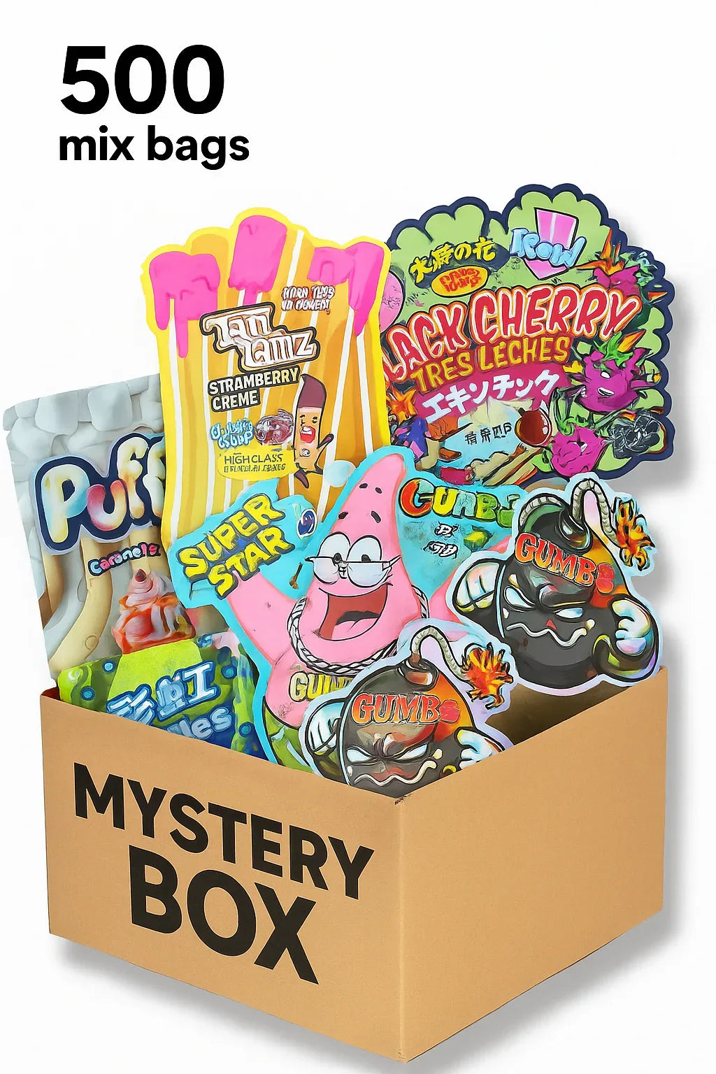 イベント配布　まとめ売り　143パック　STRAGE BOX Mystery Box 500-1000 mix 3.5g Mylar bags- Surprise Combo – Black