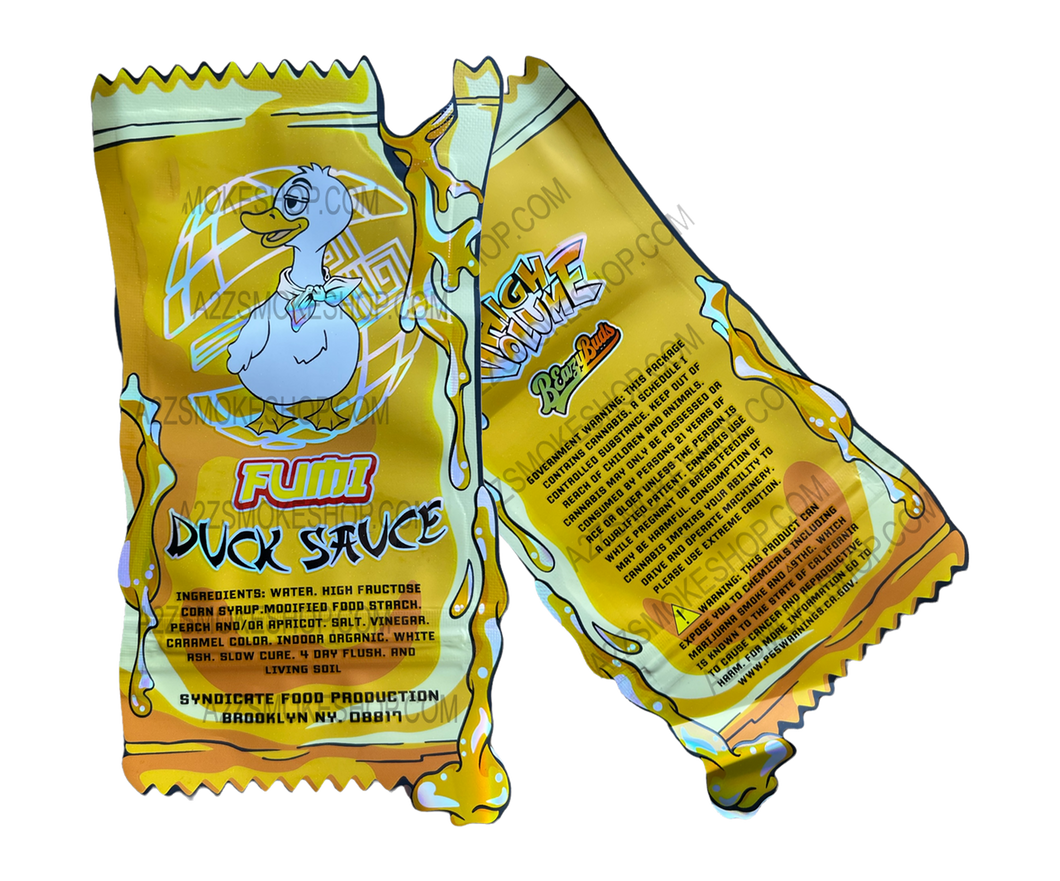 Fumi Duck Sauce cut out Mylar Bags 3.5g Die Cut Holographic Beazy Buds