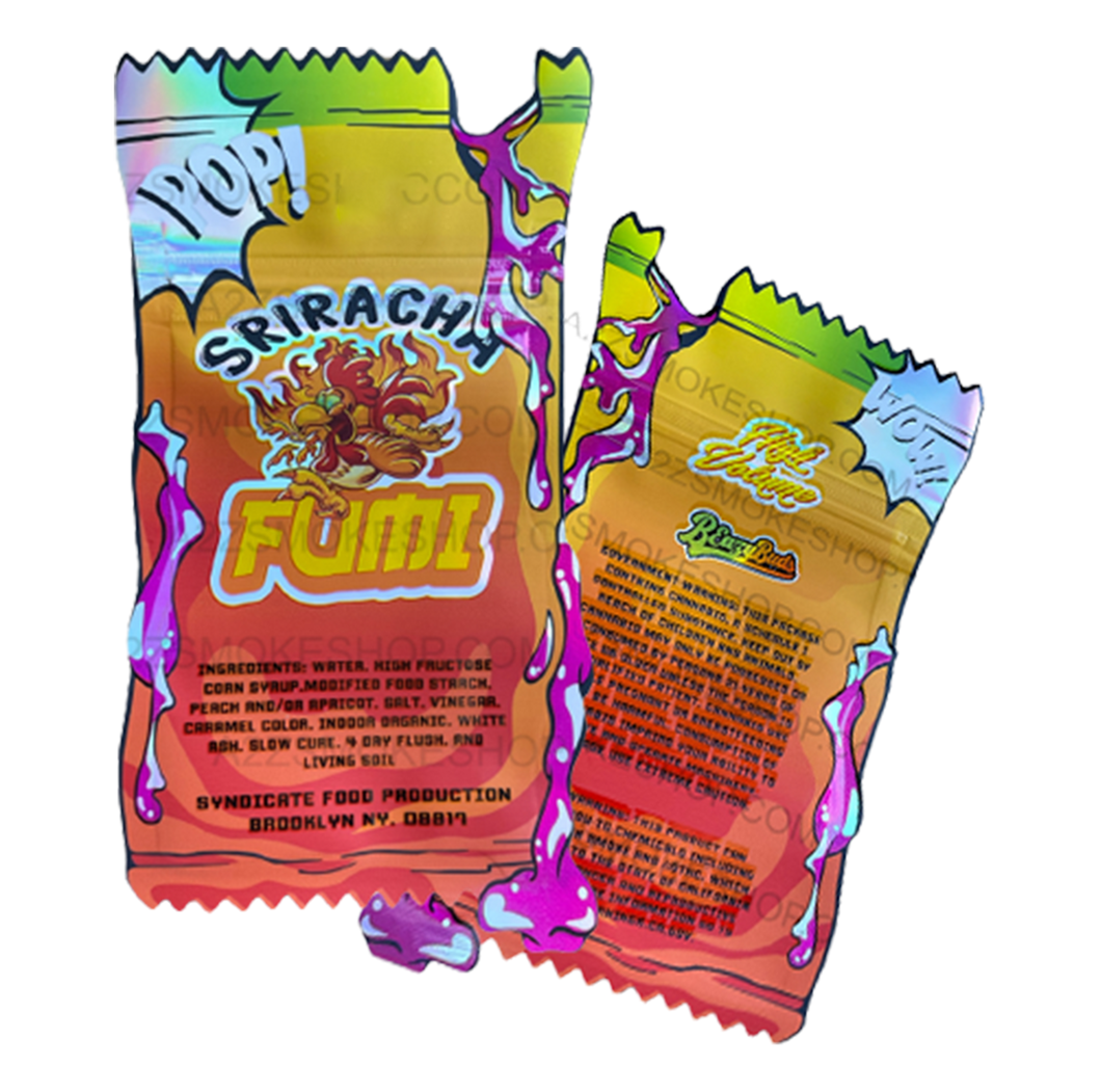 Fumi Sriracha cut out Mylar Bags 3.5g Die Cut Holographic Beazy Buds