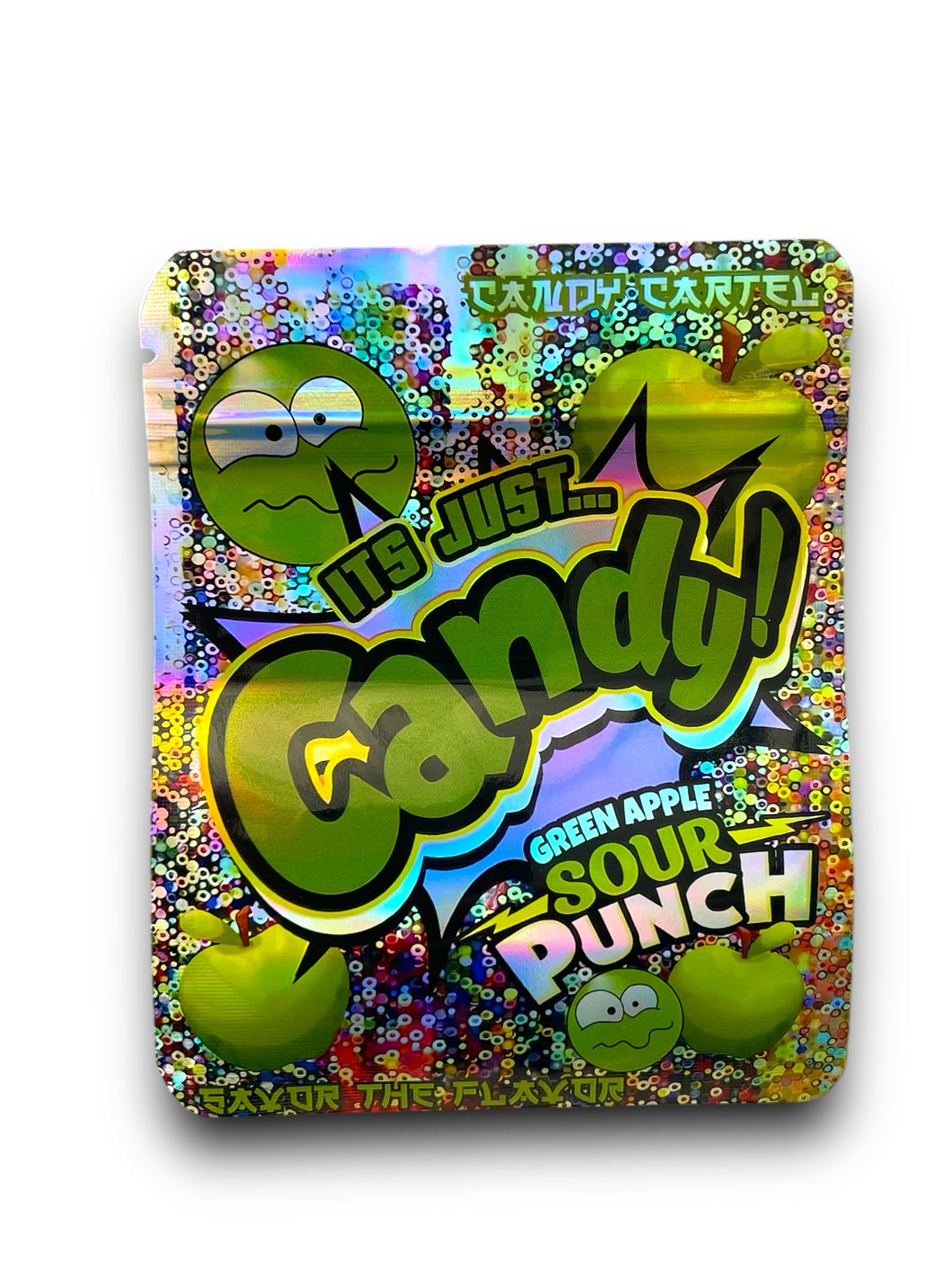 Candy Green Apple Sour Patch Mylar Bags 3.5g Holographic Candy Cartel