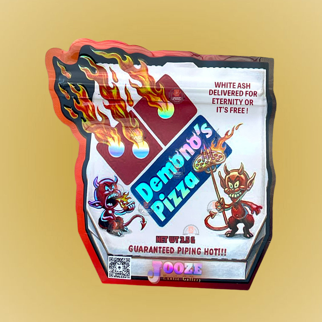 Demono's Pizza 3.5G Mylar Bags-Jooze Exotic Gallery Cut Out-Holographic Dominos Pizza