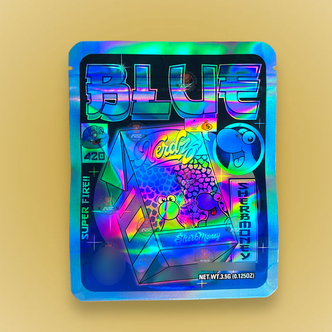 Blue Nerdz 3.5g Mylar Bag Holographic- Sherb Money Packaging Only