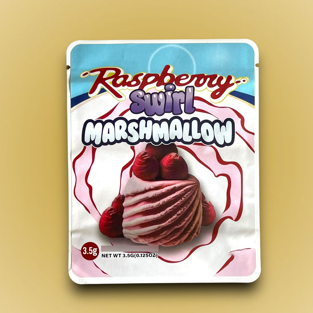 Raspberry Swirl Marshmallow Mylar Bags 3.5g Sticker base Bag -With stickers and labels