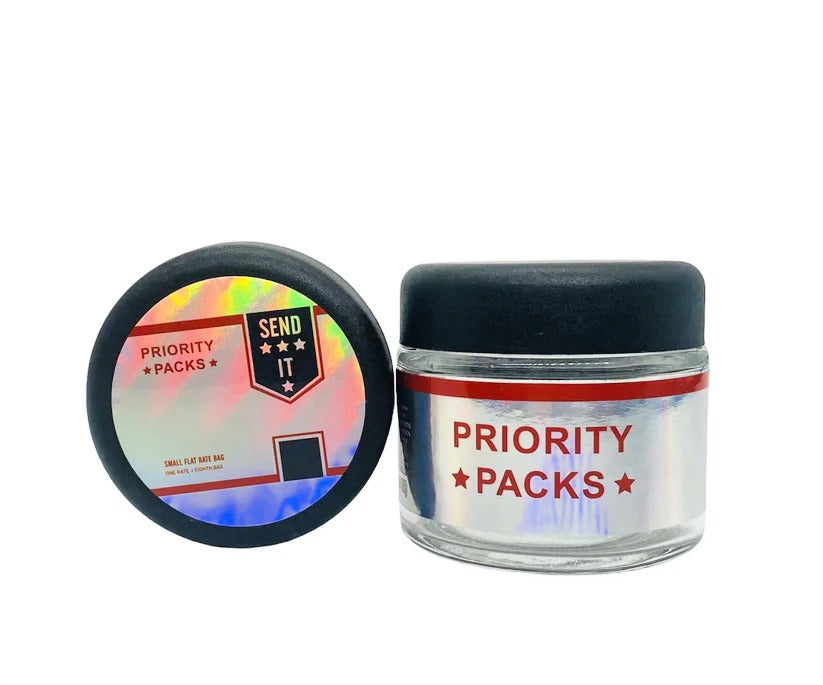 USPS Priority Packs 3.5g Glass Jars with Holographic Stickers Child Resistant jar