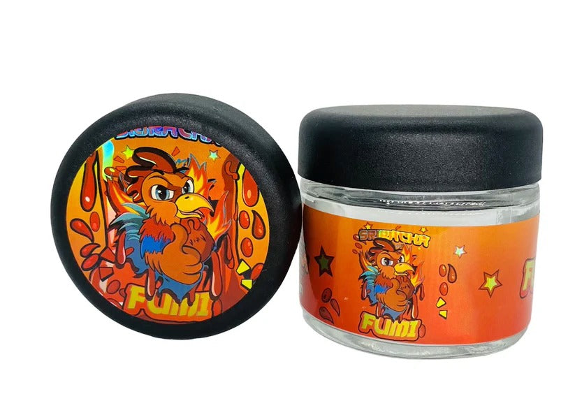 Sriracha Fumi 3.5g Glass Jars with Holographic Stickers Child Resistant jar
