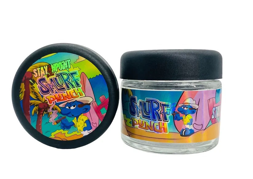 Smurf Punch 3.5g Glass Jars with Holographic Stickers Child Resistant jar