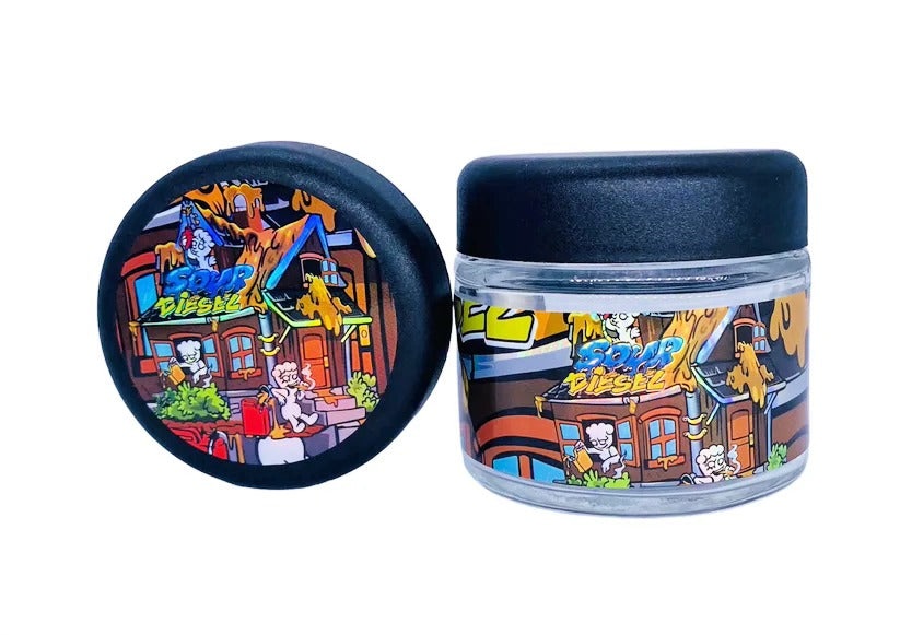Sour Diesel 3.5g Glass Jars with Holographic Stickers Child Resistant jar