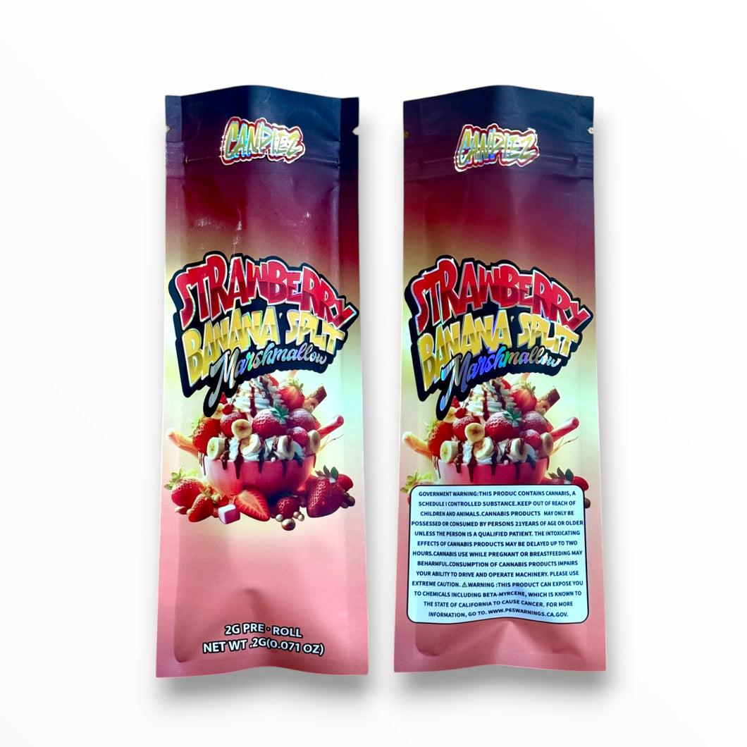 Strawberry Banana Split Marshmallow 2 Gram Pre Roll Packaging Net Wt. 2g(0.071oz) Holographic