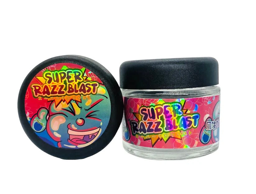Super Razz Blast 3.5g Glass Jars with Holographic Stickers Child Resistant jar