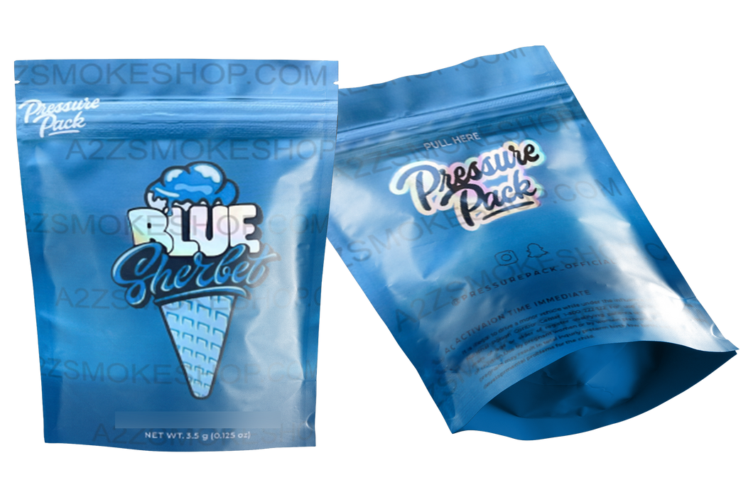 Pressure Pack Blue Sherbet Holographic Mylar bag 3.5g Smell Proof Airtight Holographic Mylar Bag- Packaging Only