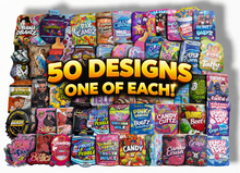 Load image into Gallery viewer, Assorted candy packages with text '50 Designs One of Each' on a white background

