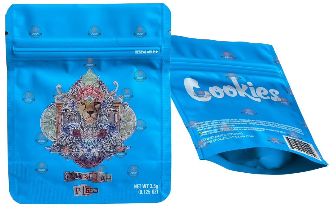 Cookies Cheetah Piss Mylar Bags 3.5 Grams Smell Proof Resealable Bags w/ Holographic Authenticity Stickers