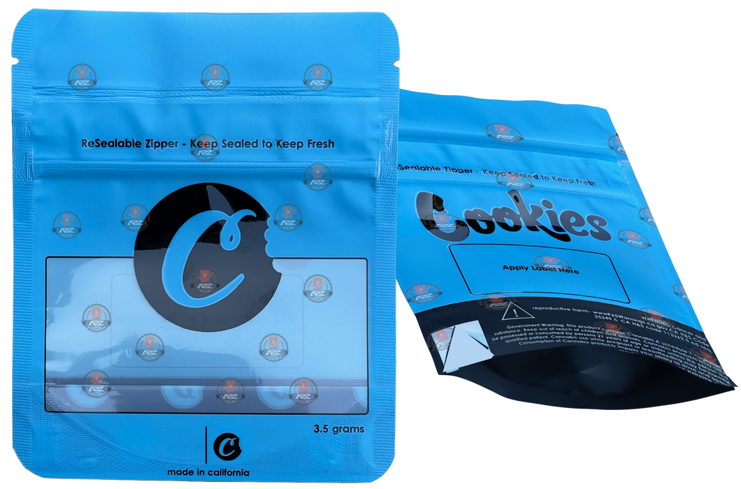 Cookies  Blue Window Mylar Bags 3.5 Grams Smell Proof Resealable Bags w/ Holographic Authenticity Stickers