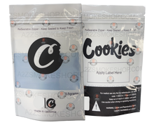 Load image into Gallery viewer, Cookies White with Window Mylar Bags 3.5 Grams Smell Proof Resealable Bags w/ Holographic Authenticity Stickers
