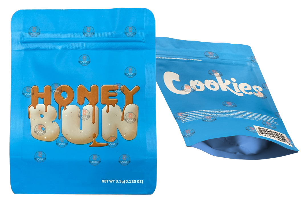 Cookies Honey Bun Mylar Bags 3.5 Grams Smell Proof Resealable Bags w/ Holographic Authenticity Stickers
