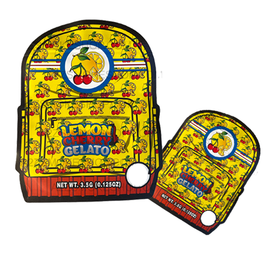 Backpack Boyz Lemon Cherry Gelato cut out Mylar zip lock bag 3.5G
