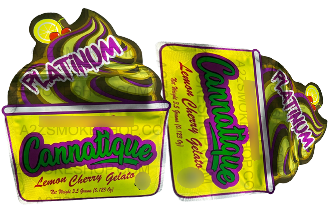 Cannatique Lemon Cherry Gelato Holographic cut out Mylar bag 3.5g Smell Proof Airtight Mylar Bag- Packaging Only