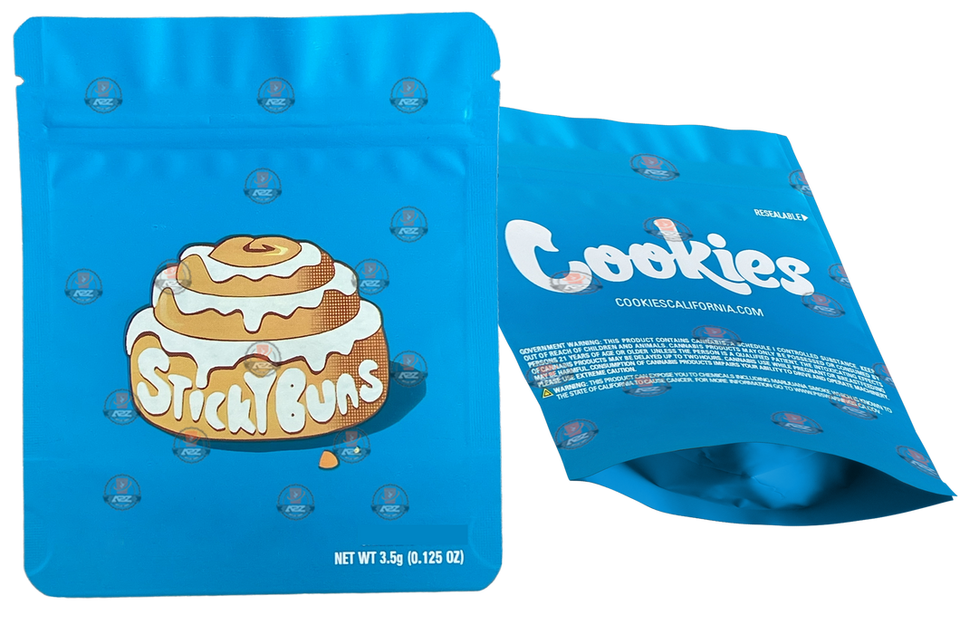 Cookies Sticky Buns Mylar Bags 3.5 Grams Smell Proof Resealable Bags w/ Holographic Authenticity Stickers and Label