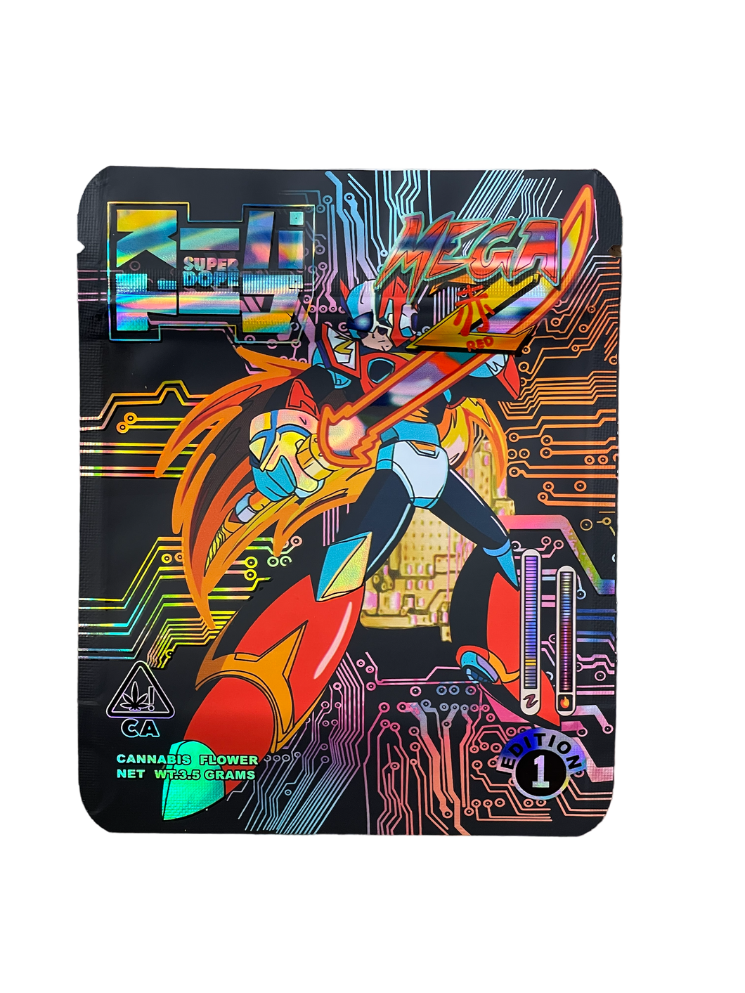 Mega Z Red 3.5g Mylar Bag Super Dope Holographic