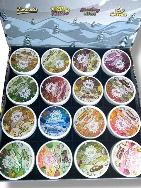 Piff Snowballs Big 16-1oz Plastic Jars - Varity Pack 16 Flavors in