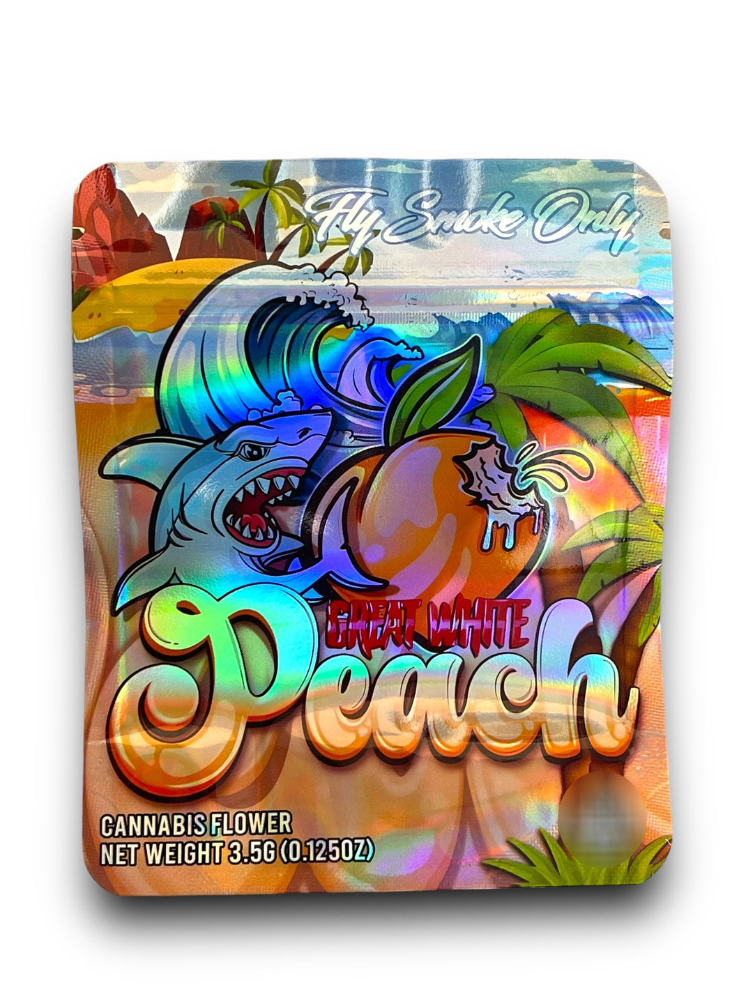 Great White Peach 3.5G Mylar Bags Holographic Fly Smoke Only