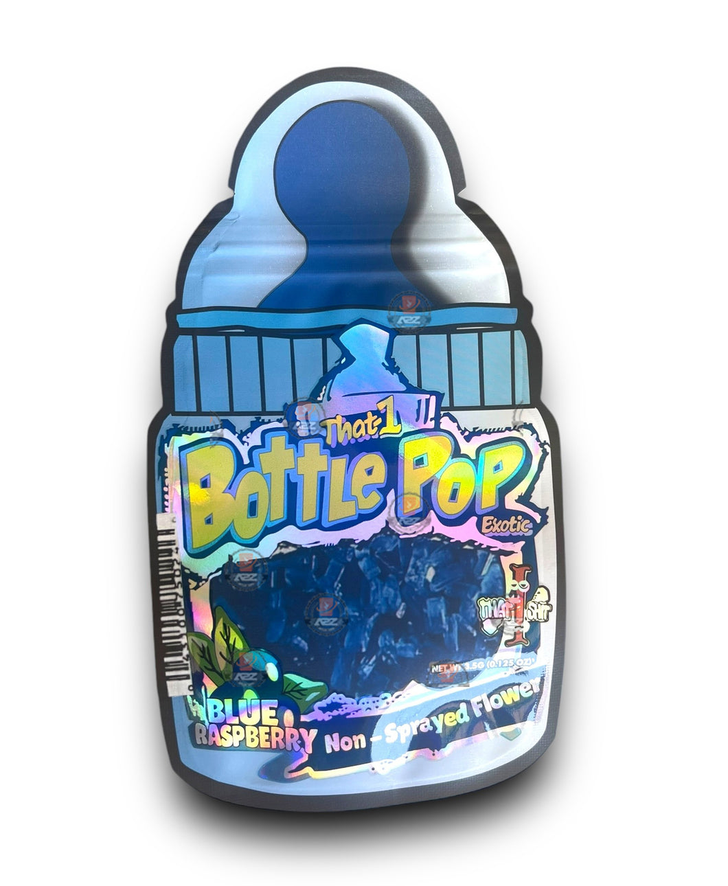 Bottle Pop Exotic Blue Raspberry Mylar Bags 3.5g Holographic