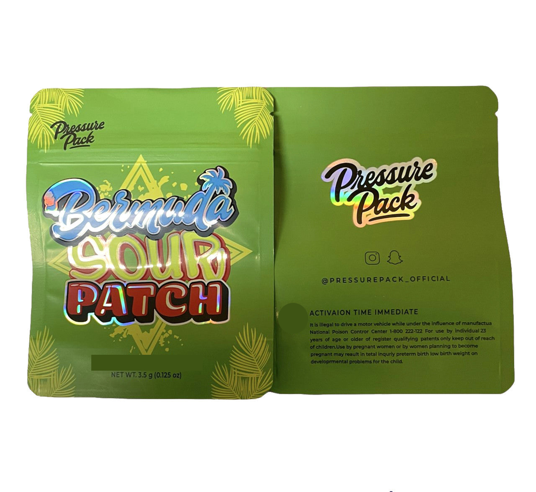 Pressure Pack Bermuda Sour Patch Holographic Mylar bag 3.5g Smell Proof Airtight Holographic Mylar Bag- Packaging Only