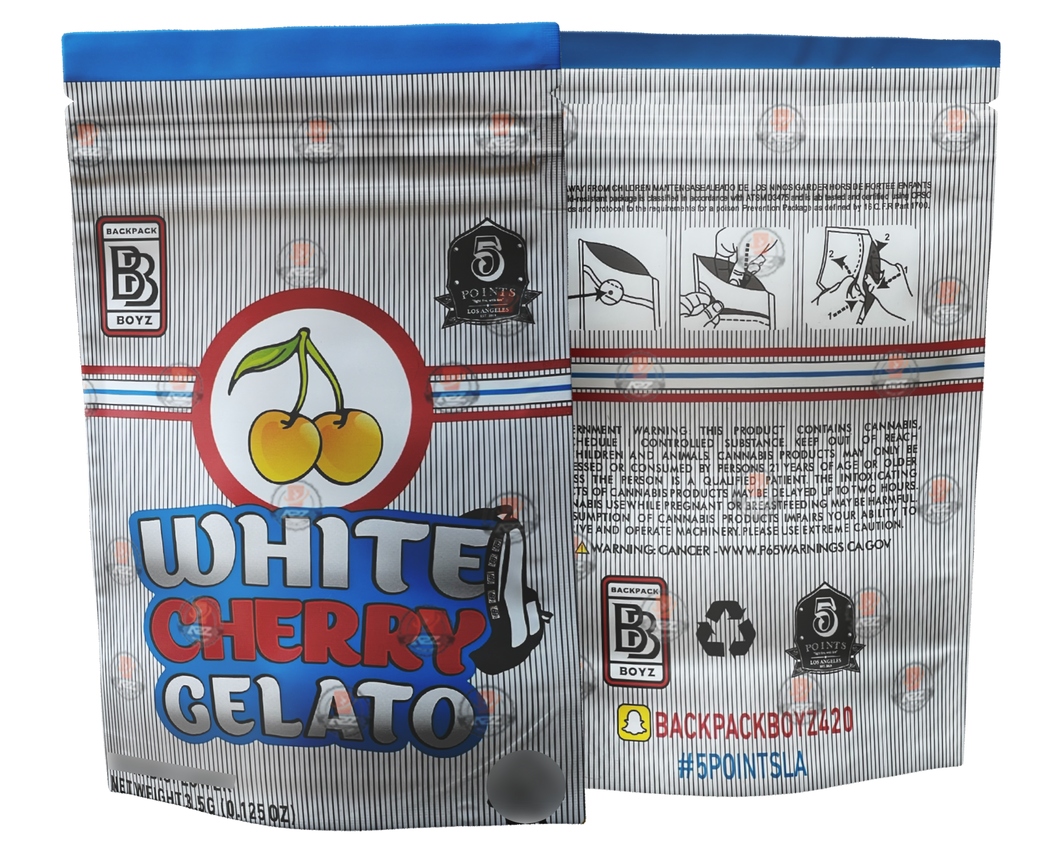 Backpack Boyz White Cherry Gelato 3.5 Grams Smell Proof Mylar Bags