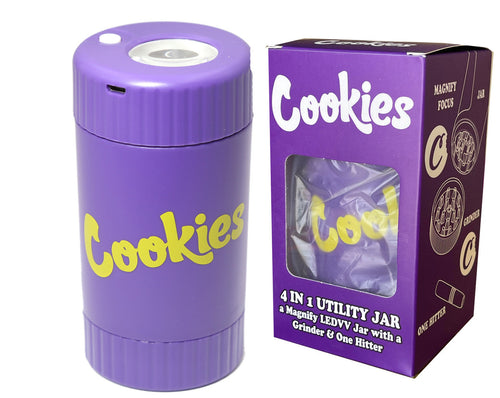 Cookies Mag Jar with Grinder -Airtight storage stash container led magnifying jar (Purple)