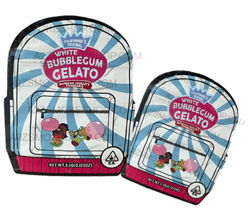 Backpack Boyz White Bubblegum Gelato cut out Mylar zip lock bag 3.5G